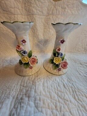 Set Of 2 Porcelain White Floral 5 Inch Candle Holders in with Pastel Roses